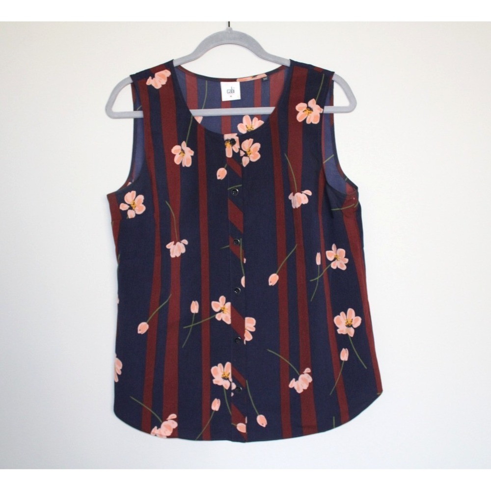 CAbi Womens Floral Chiffon Scroll Sleeveless Button Blouse Tank Top Navy Rust M